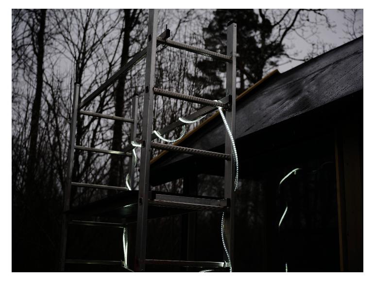 LIVARNO® Leuchtschlauch »The Renovator« op steigers, verlicht een donker bos.