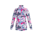 Dames sporttop met lange mouwen en abstract patroon in roze, blauw en grijs.
