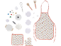 Kinderspeelkeukenset met schort, ovenwant, pannenlap en diverse kookgerei.