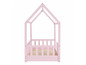 Een roze kinderbed in de vorm van een huisje.