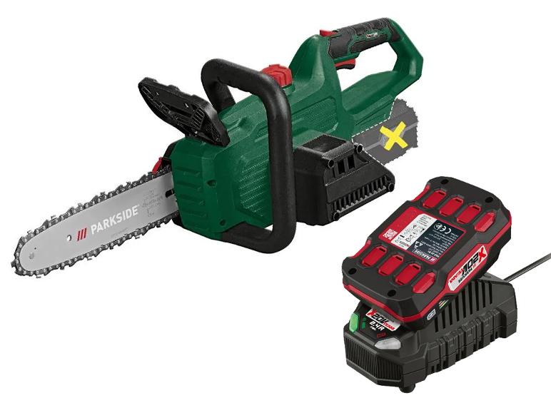 Parkside kettingzaag met accu en oplader.