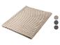 Beige, geribbelde plaid met drie kleurstalen: beige, blauw en bruin.