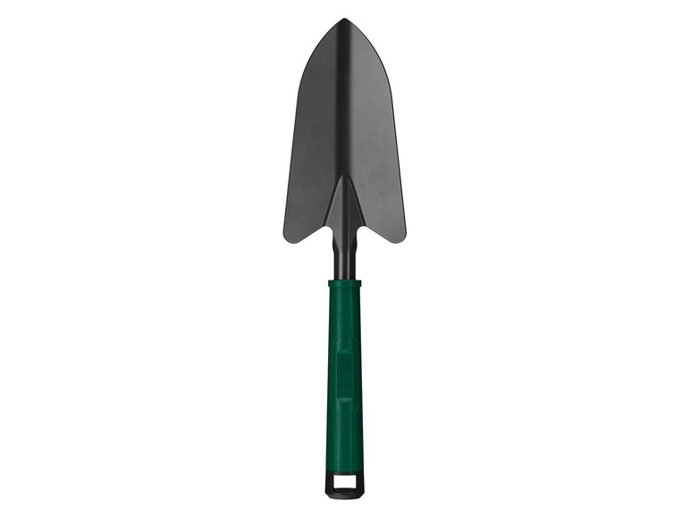 Een zwarte schep met een groene handgreep.