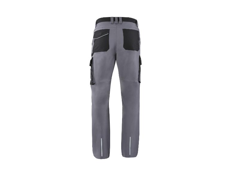 Grijze werkbroek voor heren met zwarte zakken en reflecterende details, achteraanzicht.