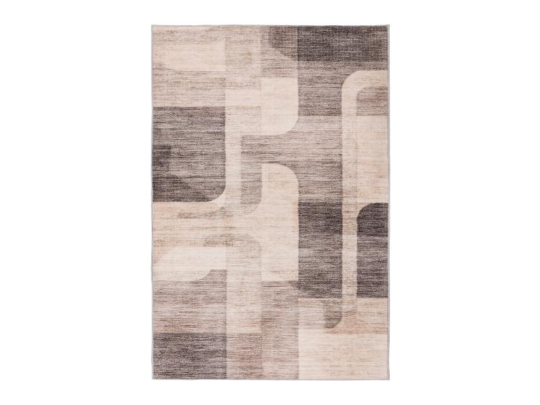 Rechthoekig vloerkleed met een modern geometrisch patroon in beige en bruintinten.