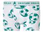 Witte boxershort met groene voetbalprint en tekst op de tailleband