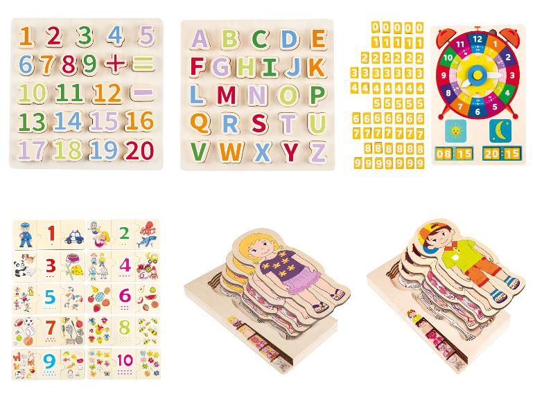 Educatieve houten spellen: puzzels met letters, cijfers, anatomie en een klok.