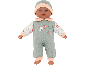 Babypop gekleed in een groene pyjama en een bijpassende muts.