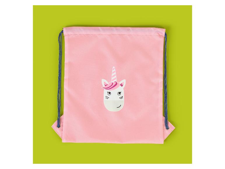 Roze trekkoordtas met een eenhoorngezicht, hoorn en manen.