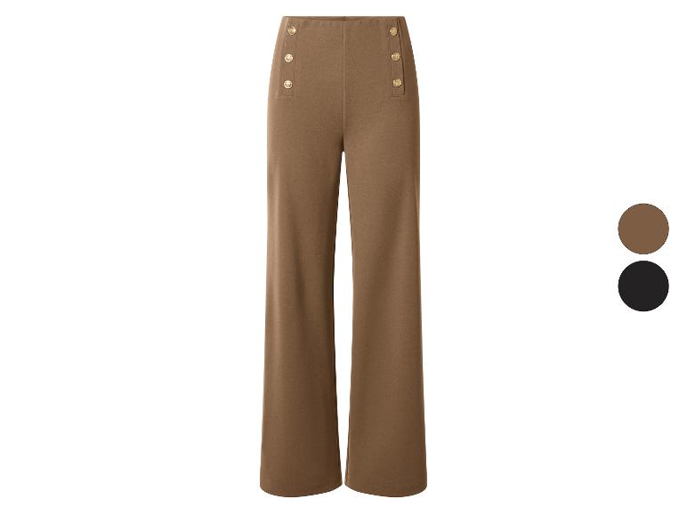Bruine wide-leg broek met decoratieve gouden knopen in de taille, met kleurstalen.