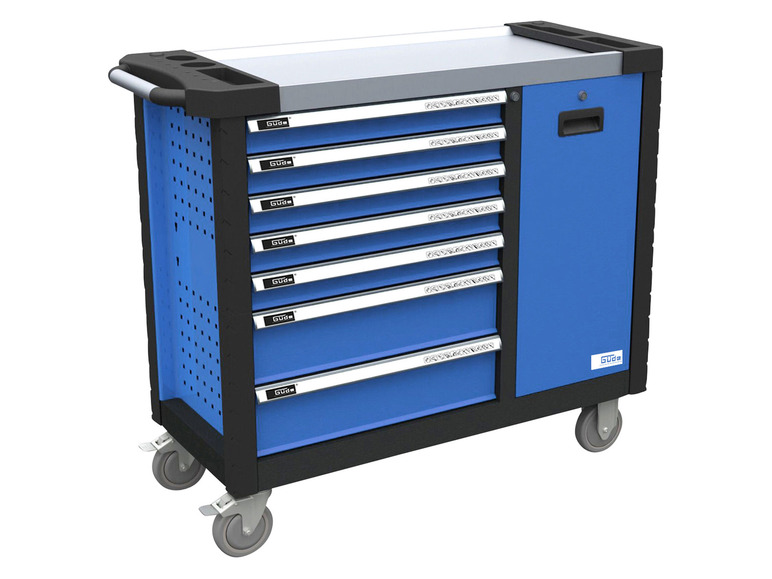 Een blauwe gereedschapswagen met zes laden en een kast, merk Güde.