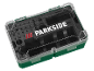 Een groene en transparante plastic gereedschapskist met het 'PARKSIDE' logo op het deksel.