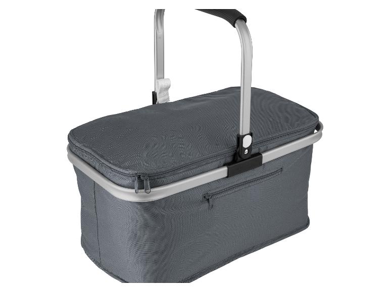 Grijze isotherm tas met handvat, perfect voor picknicks.