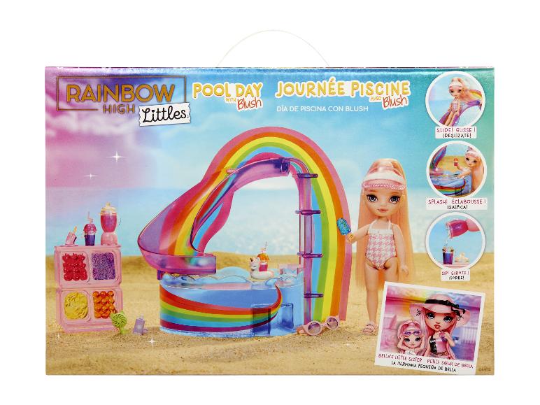 Rainbow High Littles Pool Day speelset met pop, regenboogglijbaan en accessoires.
