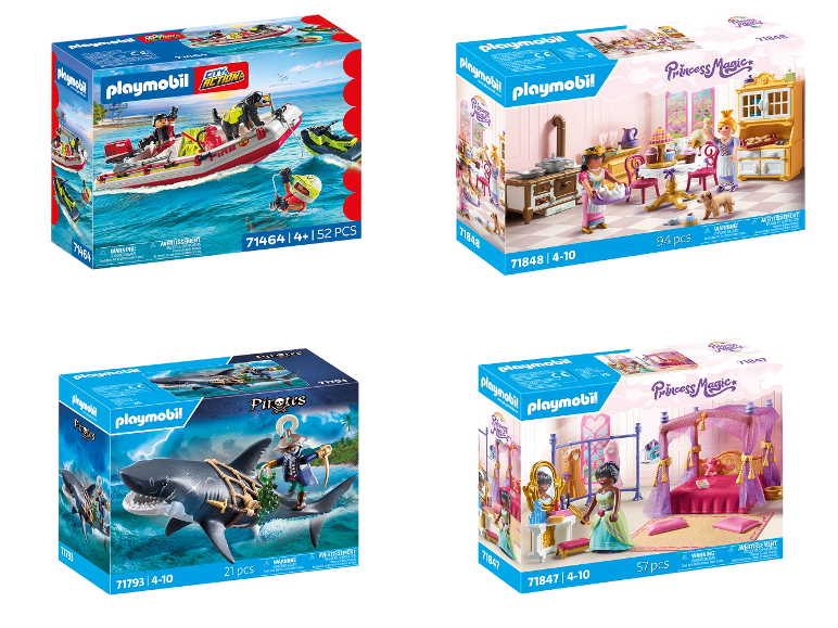 Vier dozen PLAYMOBIL-bouwspeelgoedsets met verschillende thema's.