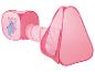 Roze kinderspeeltent met tunnel, versierd met een fee en een eenhoorn.