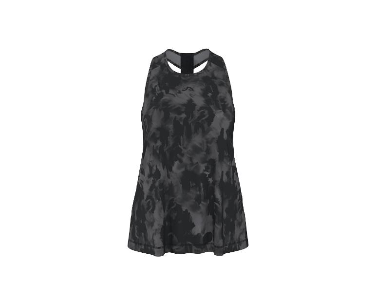 Dames sporttop met grijs en zwart camouflageprint.