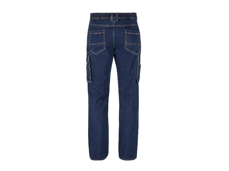 Donkerblauwe werkjeans met elastische tailleband en zijzakken, achteraanzicht.