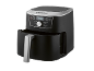 Zwarte airfryer met digitaal display '200' en diverse kookfuncties.