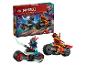 LEGO Ninjago set met twee motorfietsen en minifiguren, inclusief Kai en een drakenverkenner.