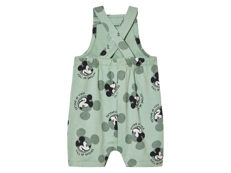 Een groene romper met Mickey Mouse print.