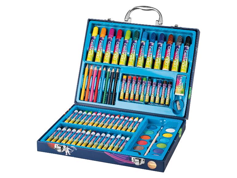 Crelando etui: kleurpotloden, stiften, aquarellen, etc., ruimtethema.