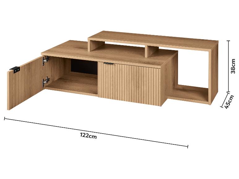 Houten tv-meubel met deur en plank, afmetingen 122x45x38cm.
