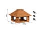 Houten vogelvoederhuisje met dak, circa 26 x 37 x 37 cm, met vogelsilhouetten.