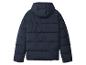 Donkerblauwe gewatteerde jas met capuchon, achterkant.