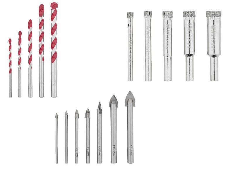 Boorsets voor diverse materialen, inclusief spiraalboren, diamantboren en glasboren.