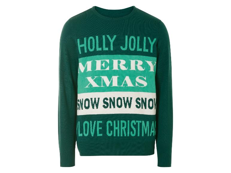 Een groene kersttrui met de tekst 'Holly Jolly Merry Xmas'.