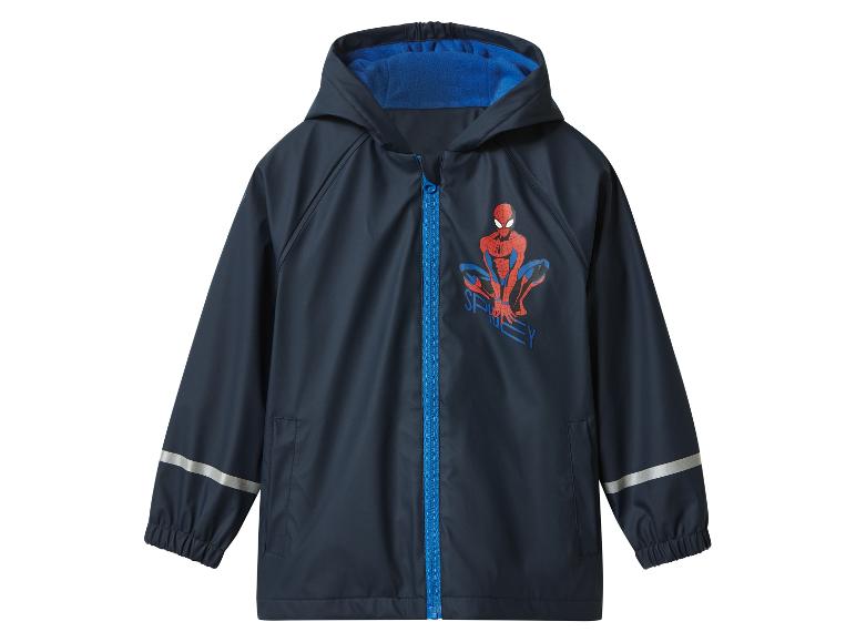 Donkerblauwe kinderregenjas met capuchon en Spiderman-print