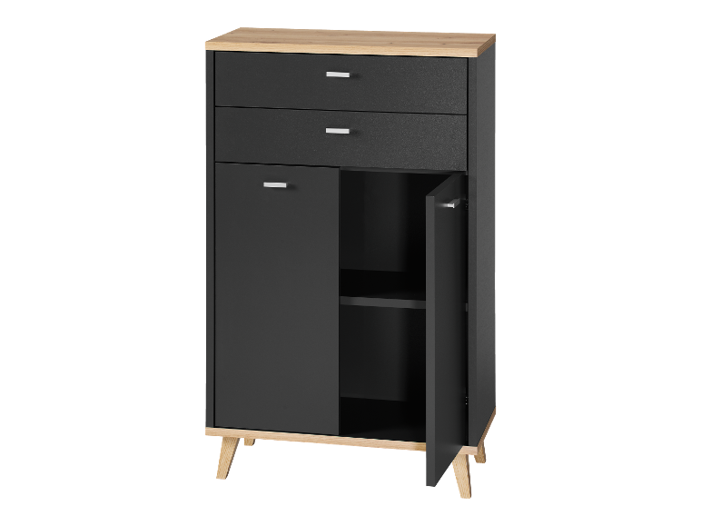 Zwarte kast met houten blad en poten, twee lades en een kast met open deur.