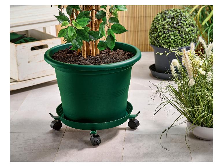 Grote kunstplant in groene pot op een verrijdbaar onderstel, naast andere planten.