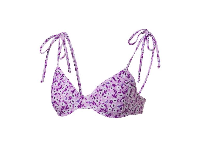 Lila bikini top met bloemenprint, strikbandjes.