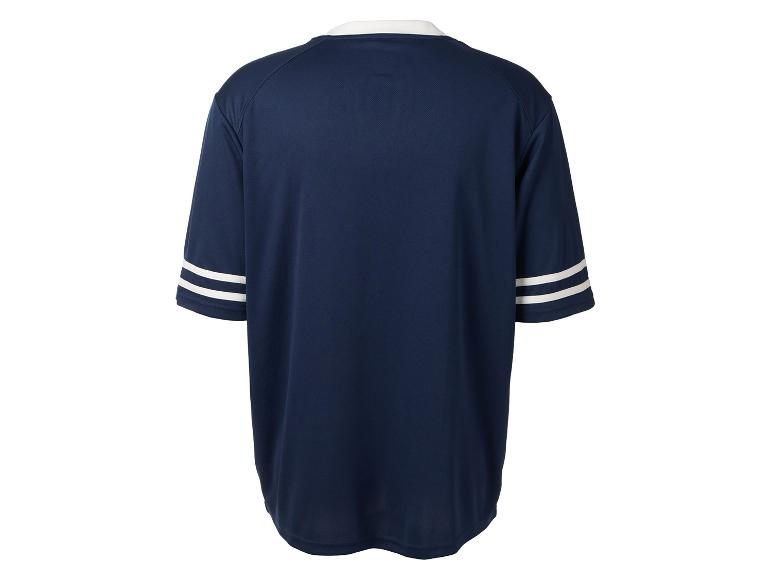 Donkerblauw sportshirt met witte strepen op mouwen, achteraanzicht.