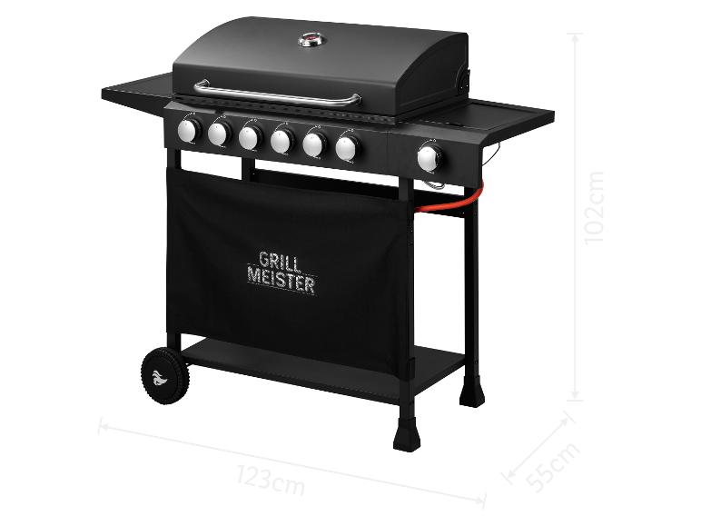 Zwarte Grill Meister gasbarbecue met 6 branders, wielen en afmetingen 123x55x102cm.