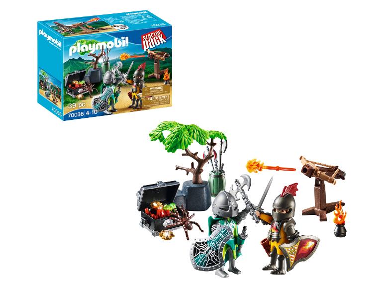 Playmobil ridderfiguren met een schatkist, spin, kruisboog en andere accessoires.