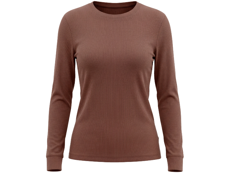 Bruine geribde damesshirt met lange mouwen en een ronde hals.