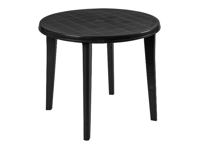 Een zwarte plastic ronde tafel met vier poten.