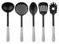 Een set kookgerei met een pollepel, een schuimspaan, een lepel, een spatel en een pastaspatel.