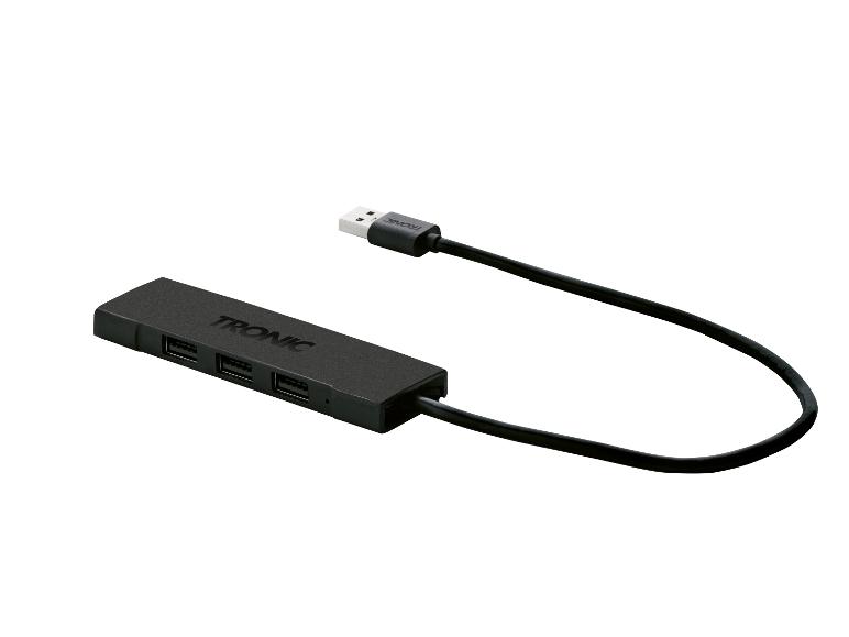 Een zwarte USB-hub met vier poorten van het merk TRONIC.