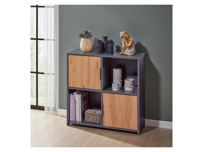 Modern opbergkast met houten deuren.