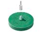 Groene schuurschijf met metalen spindel en veiligheidsinstructies.