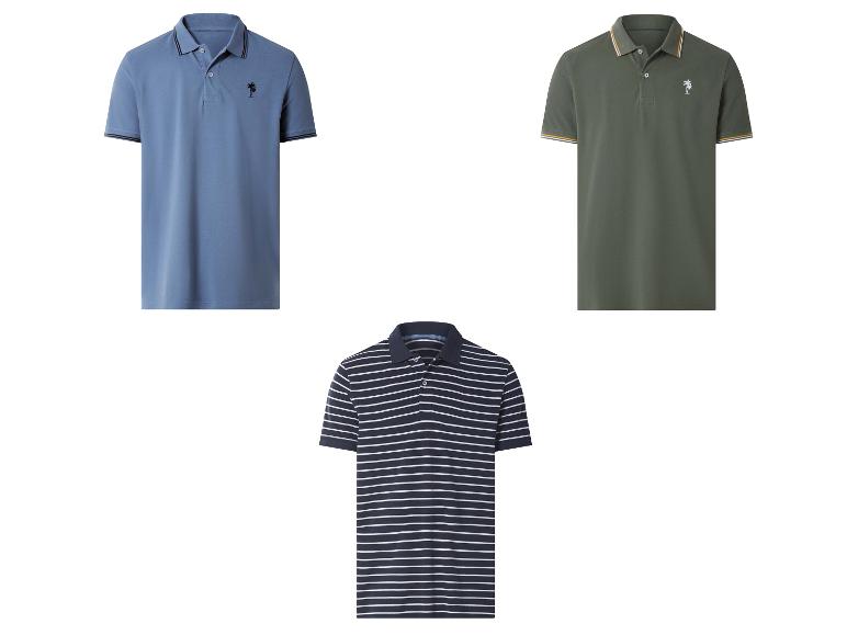 Drie herenpoloshirts: blauw, olijfgroen en marine gestreept.