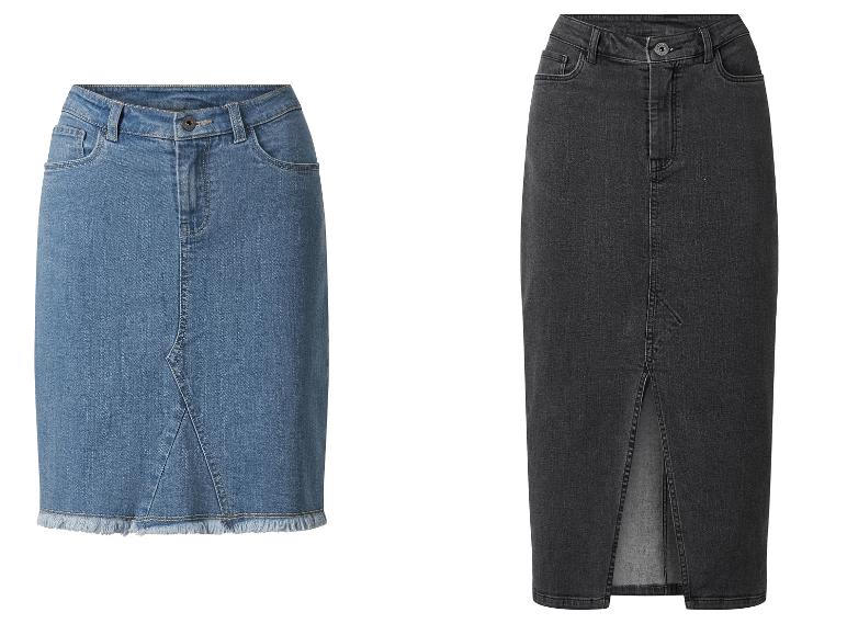 Twee jeansrokken, een blauwe en een zwarte, worden getoond op een witte achtergrond.