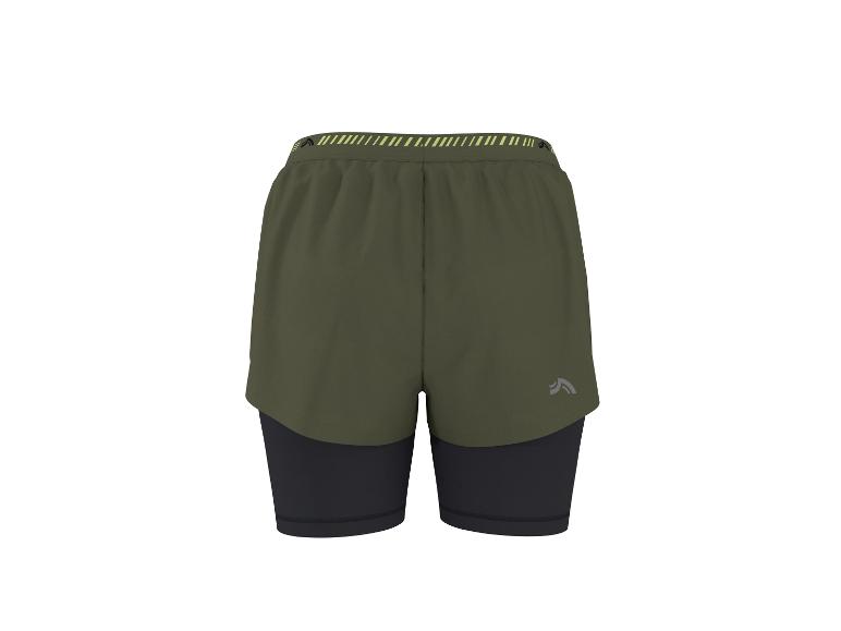 Heren 2-in-1 sportshorts in kaki met zwarte legging en neon tailleband.