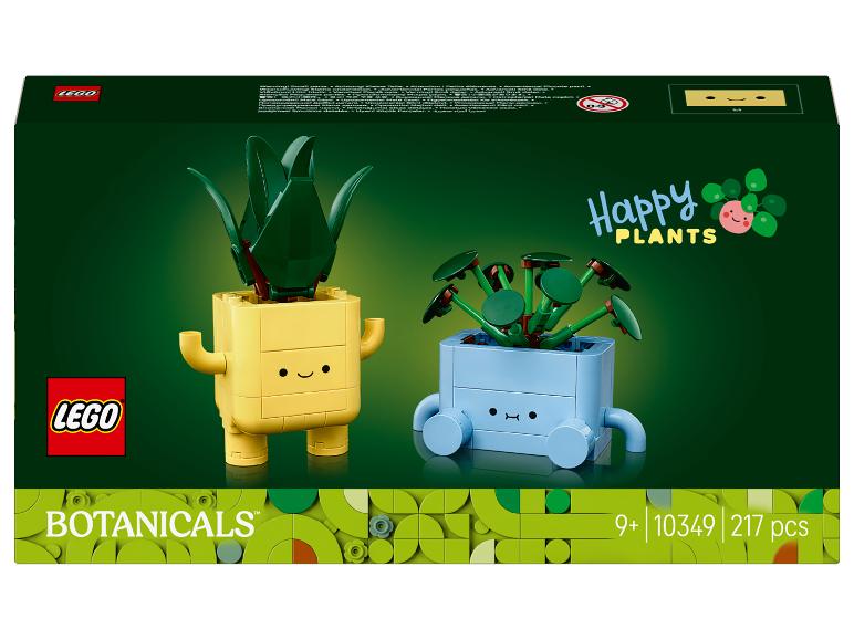 LEGO Botanicals Happy Plants set met twee van stenen gebouwde potplanten met gezichten.