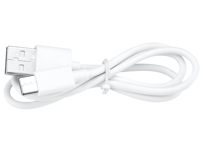 Witte USB-C naar USB kabel, opgerold en vastgemaakt met een elastiekje.