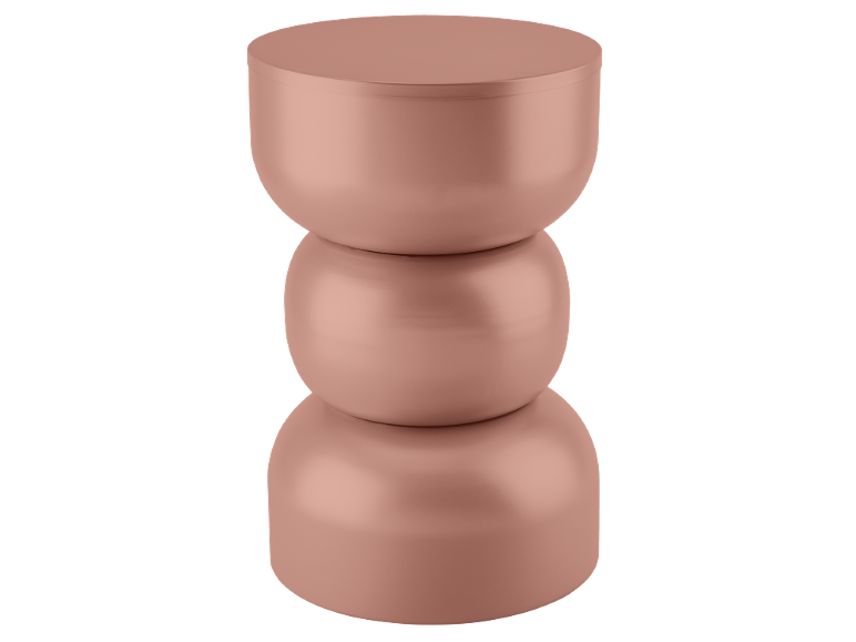 Roségouden bijzettafel met een gestapeld, sculpturaal ontwerp.